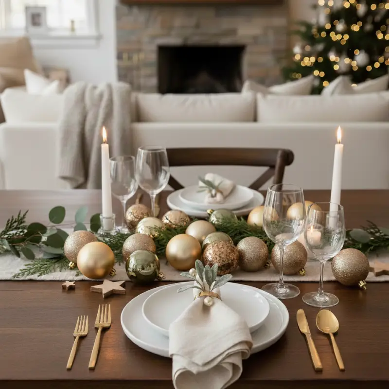 mesa posta decorada com bolas de natal