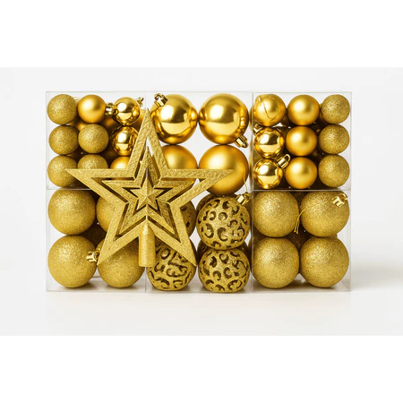 caixa com kit de bolas de natal amarela dourada de várias texturas e com estrela de natal